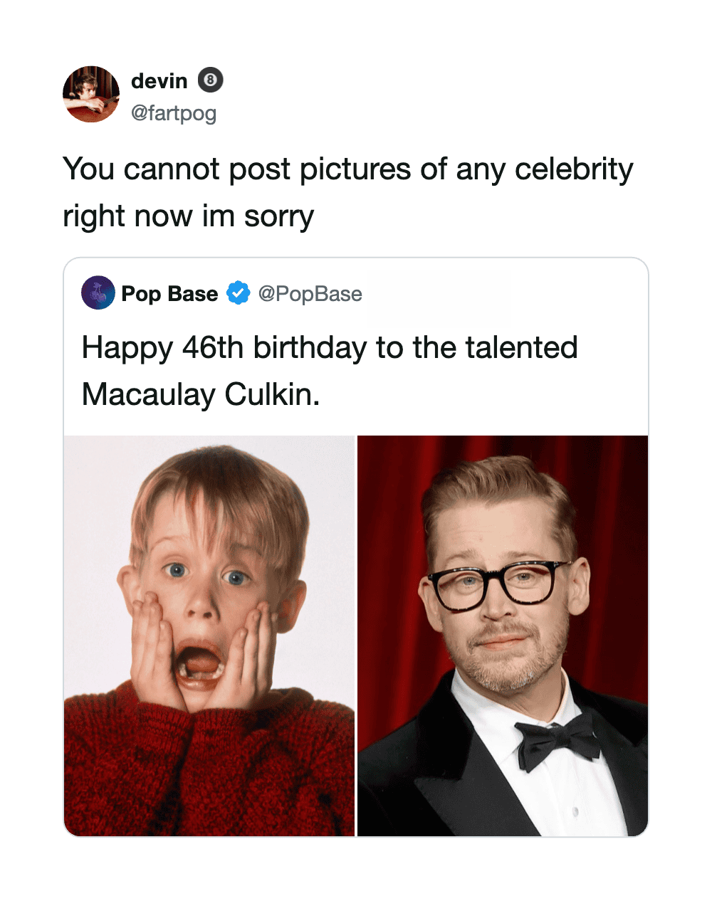 Humorous meme about celebrity posting restrictions with a child's surprised face and Macaulay Culkin.