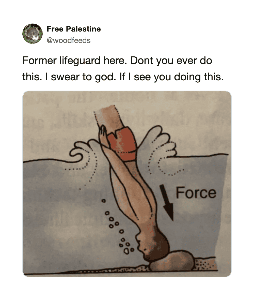 A cartoon of a hand pushing a rock with force, with a caption about a former lifeguard.