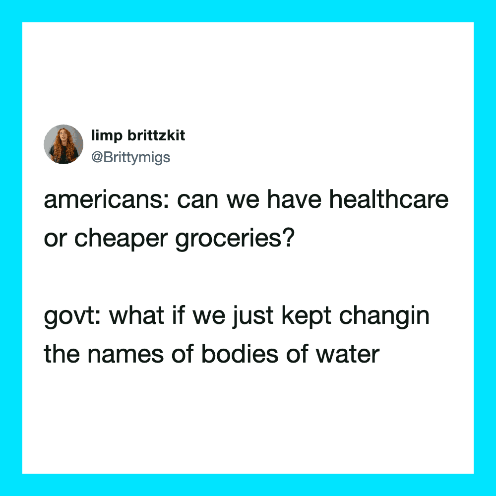 Twitter post by @Brittymigs questioning healthcare and water names.