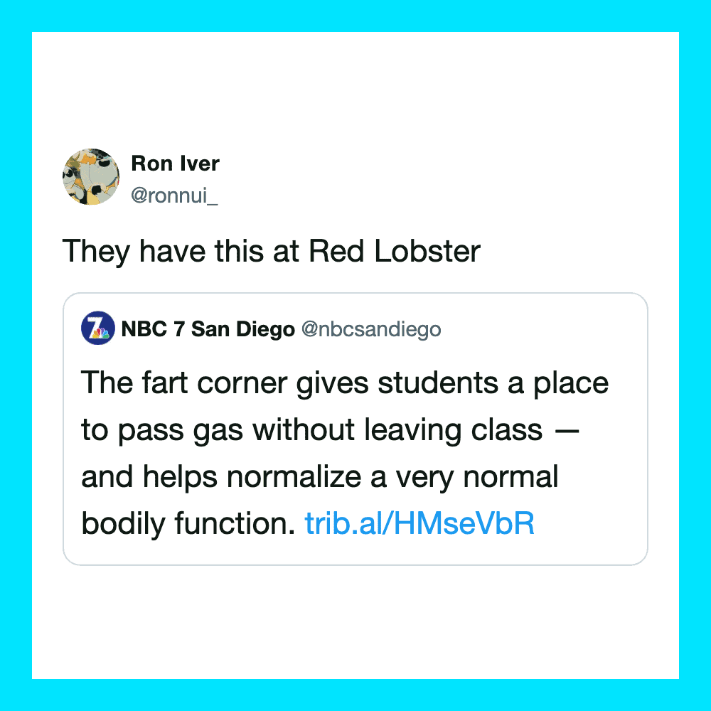 Ron Iver's tweet about Red Lobster and a news story about a fart corner at a gas station.