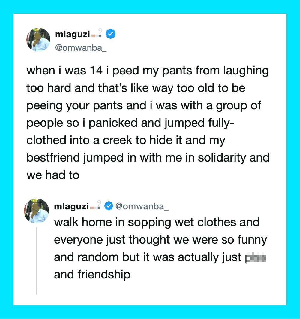 A screenshot of a Twitter post by mlaguzi about a funny childhood incident.