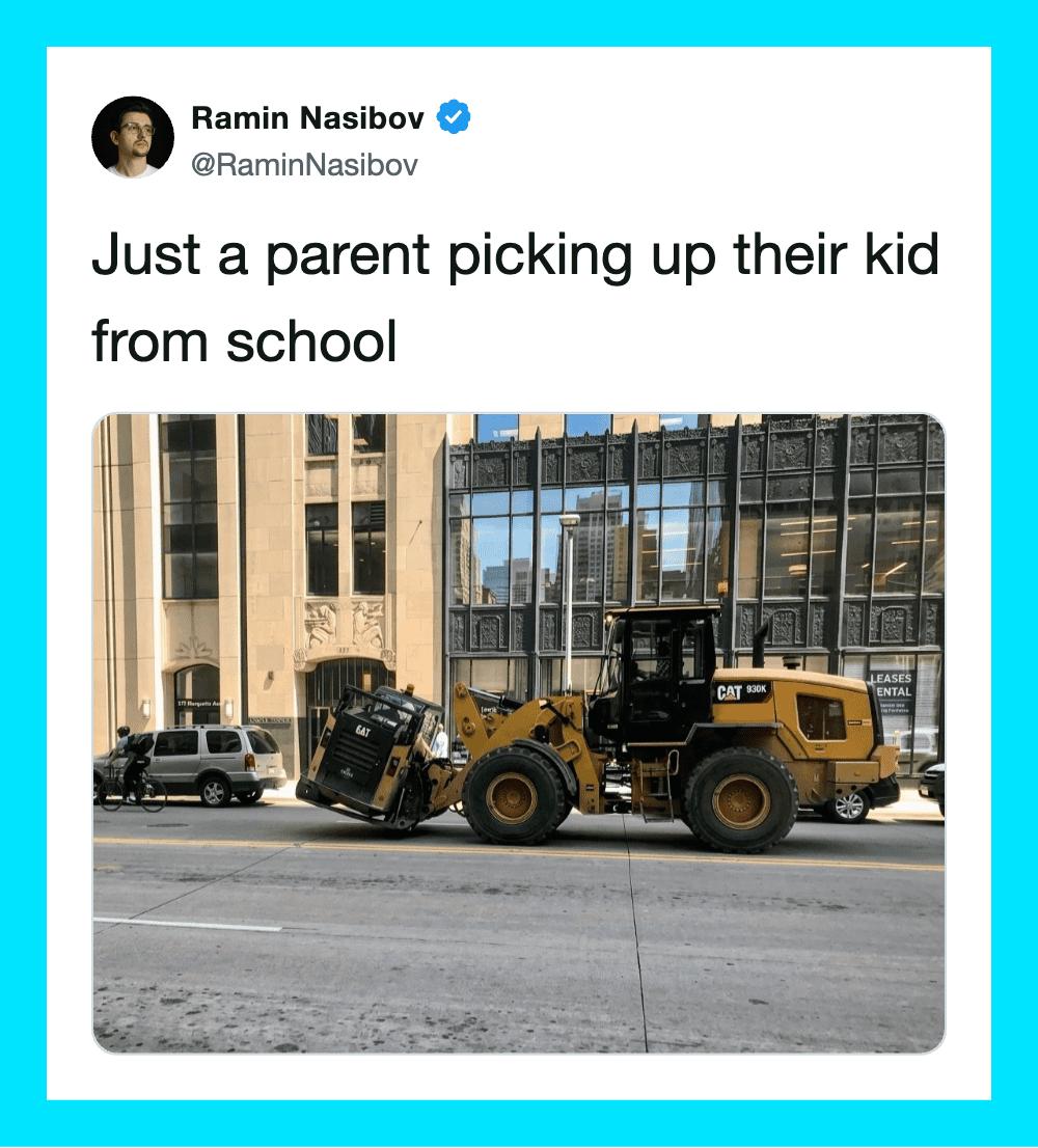 Parent picking up their kid from school with construction equipment on the street.
