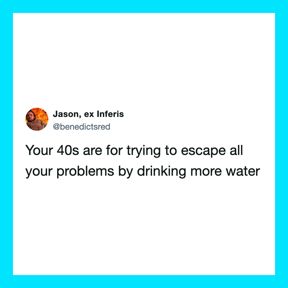 Twitter post by Jason, ex Inferis, about escaping problems by drinking water.