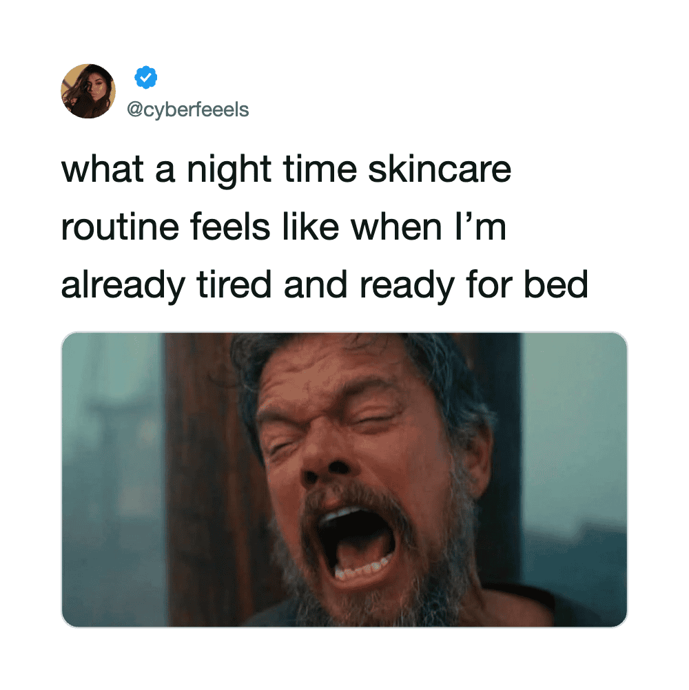 A man yawning with a tired expression, caption about night skincare routine feeling like bedtime.