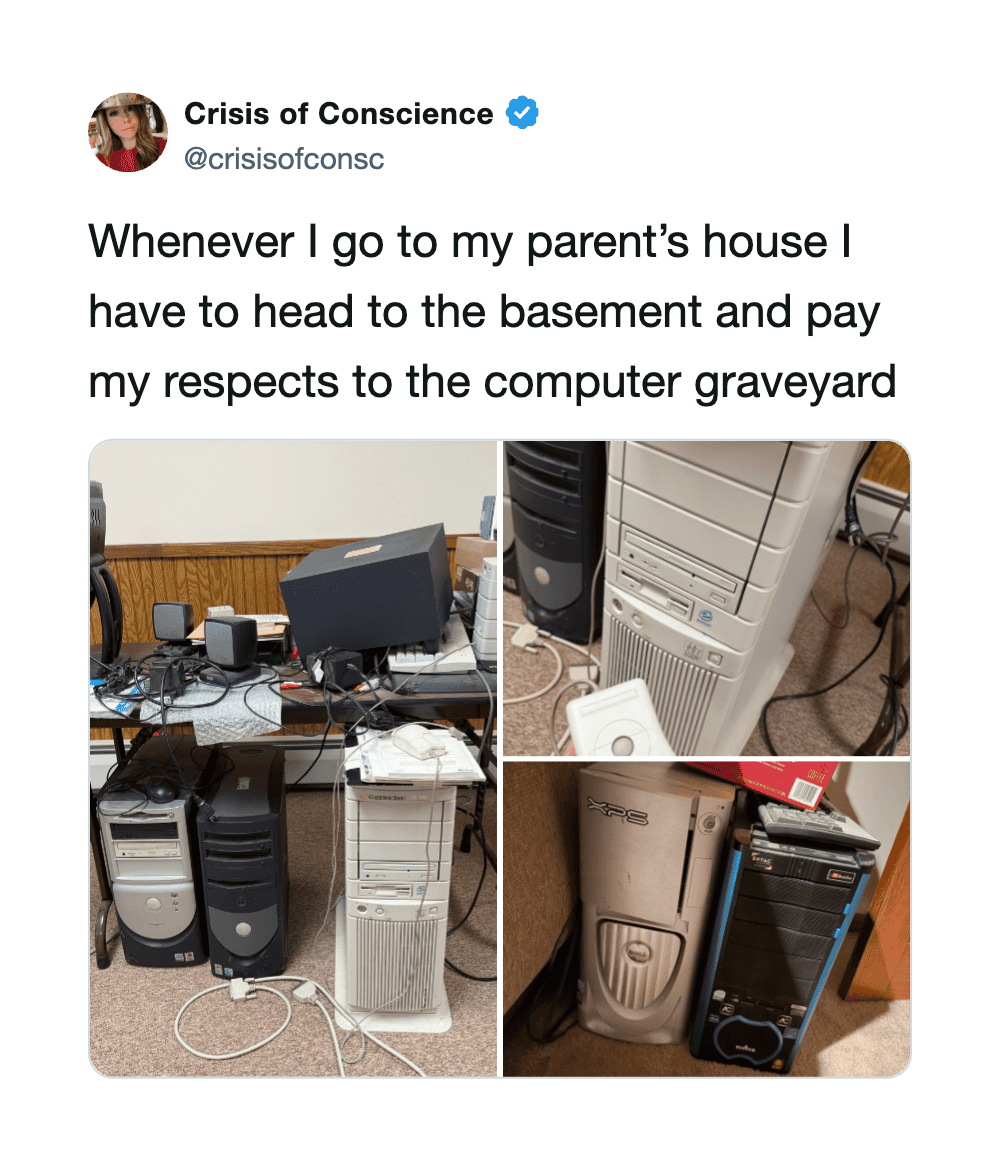 Computer graveyard with multiple old desktops and peripherals at parent's house.
