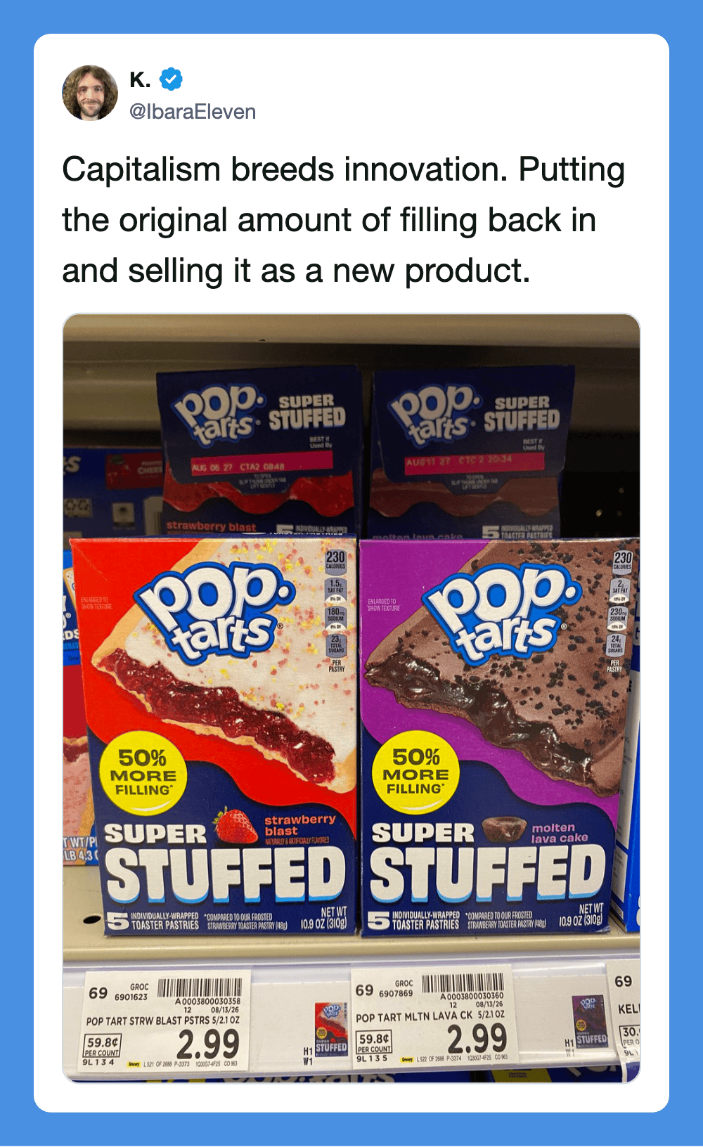 Humorous tweet about capitalism and innovation with boxed Pop-Tarts on store shelf.