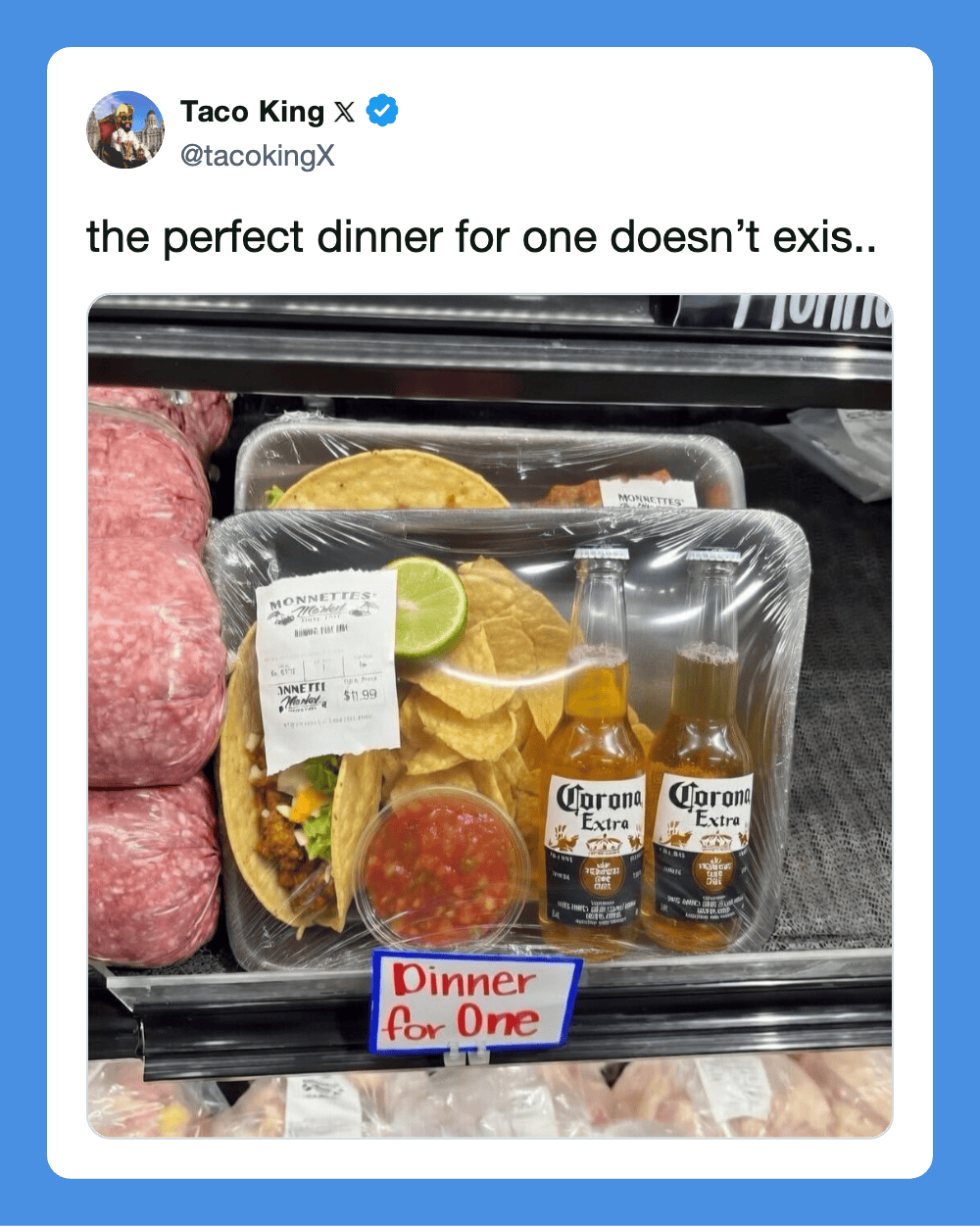Pre-packaged dinner with tacos, lime, salsa, and Corona beer, labeled 'Dinner for One'.