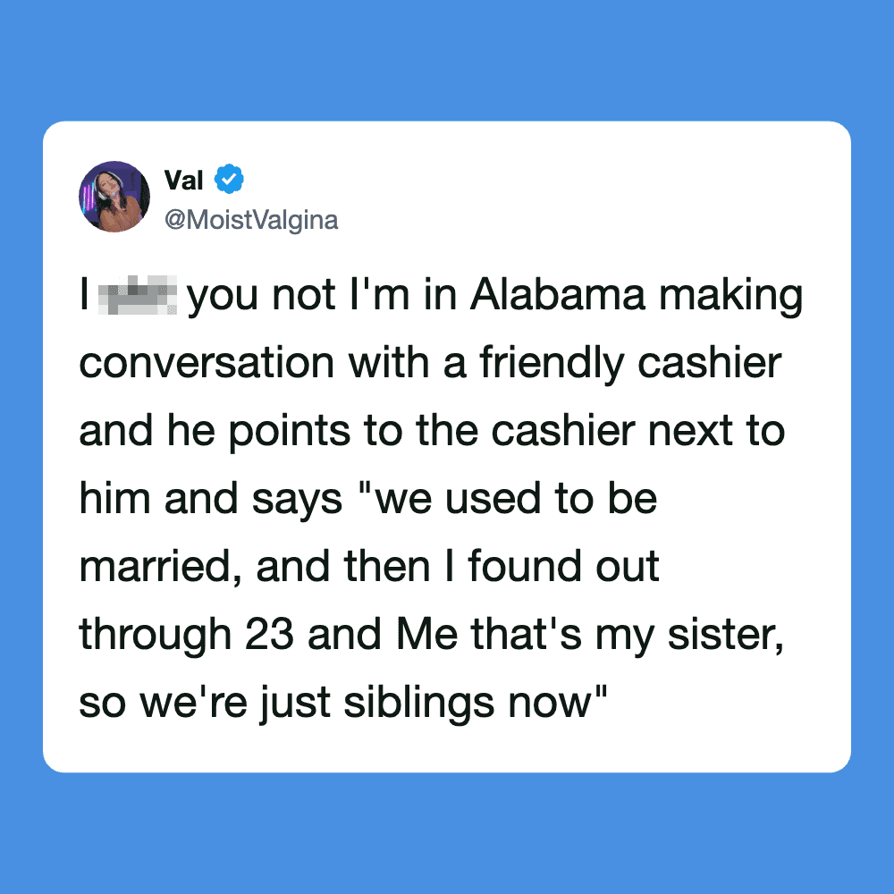 Twitter post about a funny sibling story in Alabama.
