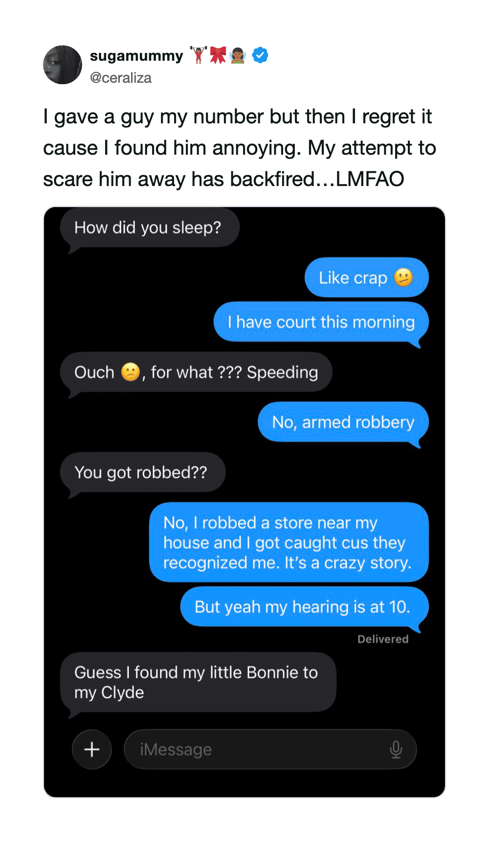 Text message conversation about a robbery and hearing at 10.