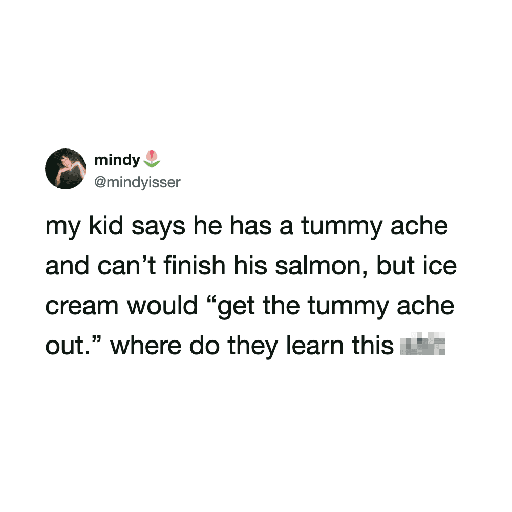 Mindy's tweet about her kid with tummy ache and ice cream.