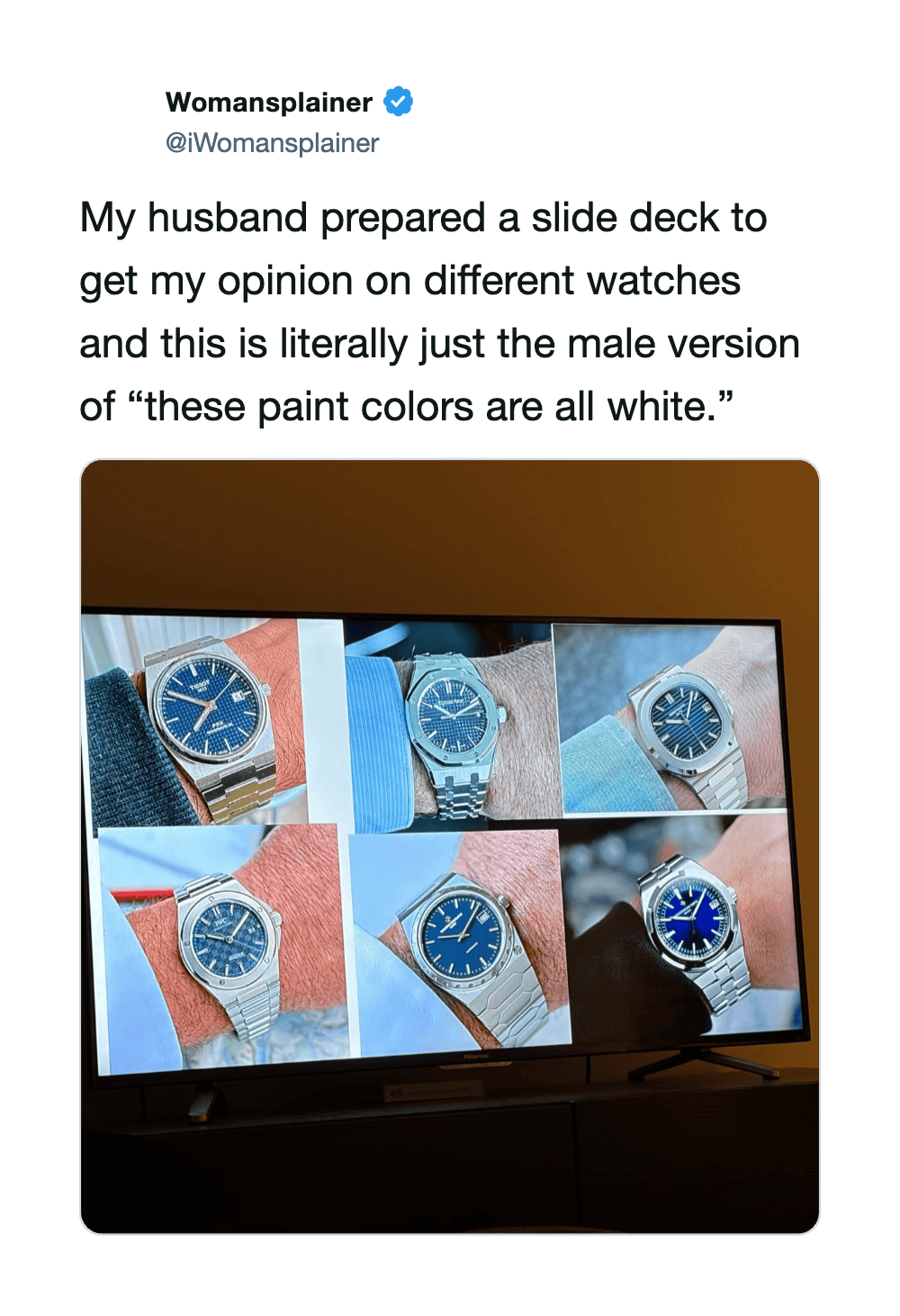 A slide deck of watches with all white paint colors, shown on a screen.