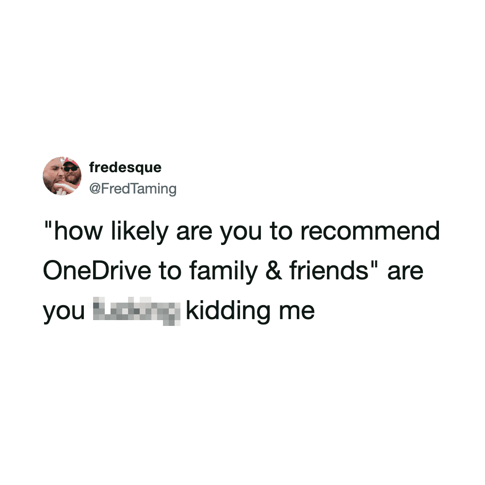 Tweet from fredesque about recommending OneDrive to family and friends.
