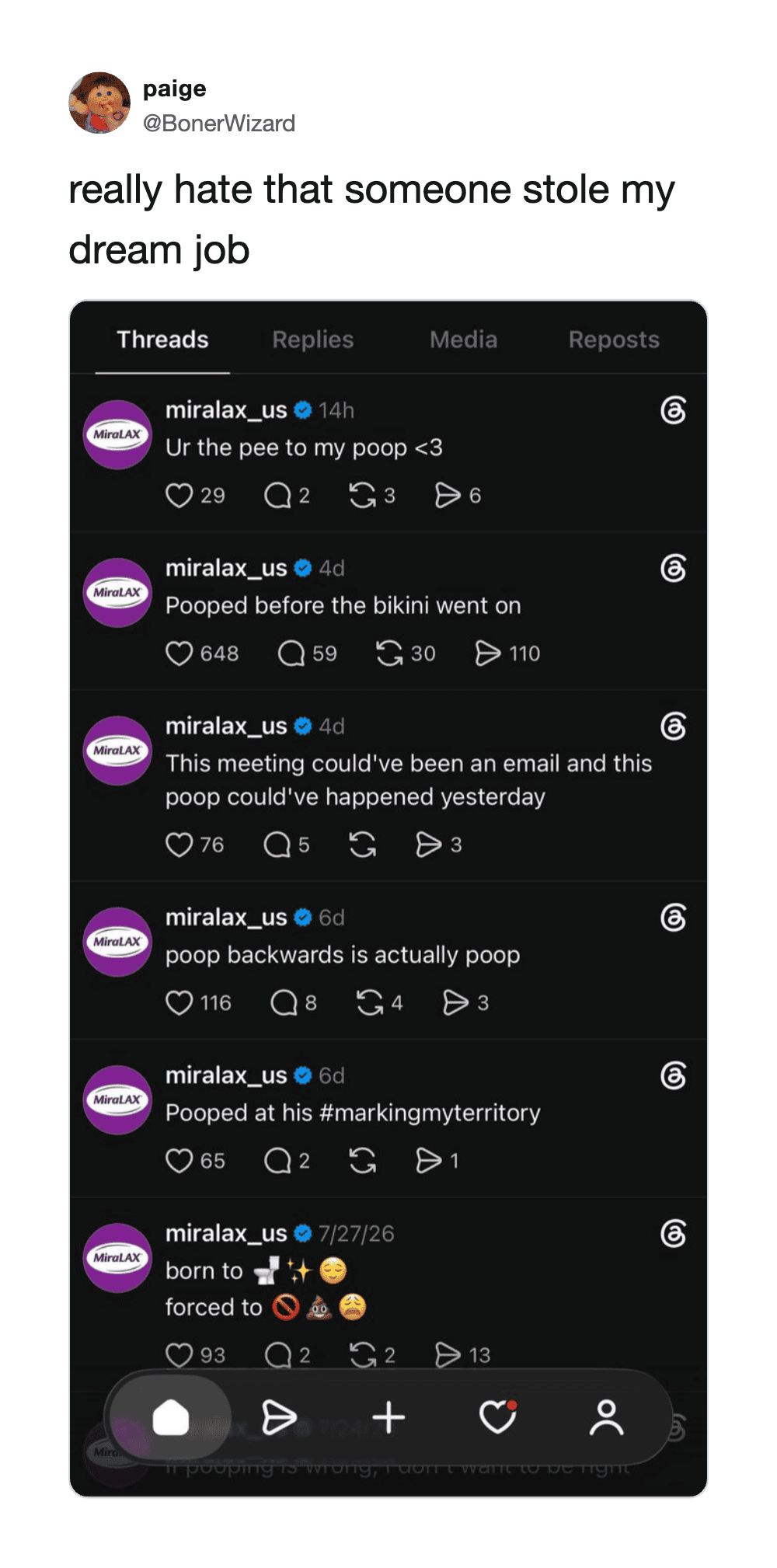 Twitter screenshot with humorous tweets about poop and a baby born to poop.