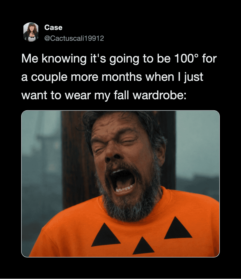 Man in orange shirt with jack-o'-lantern face, screaming with eyes closed.