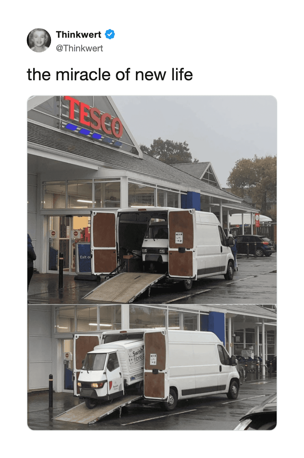 Delivery van at Tesco with a ramp, symbolizing new beginnings.