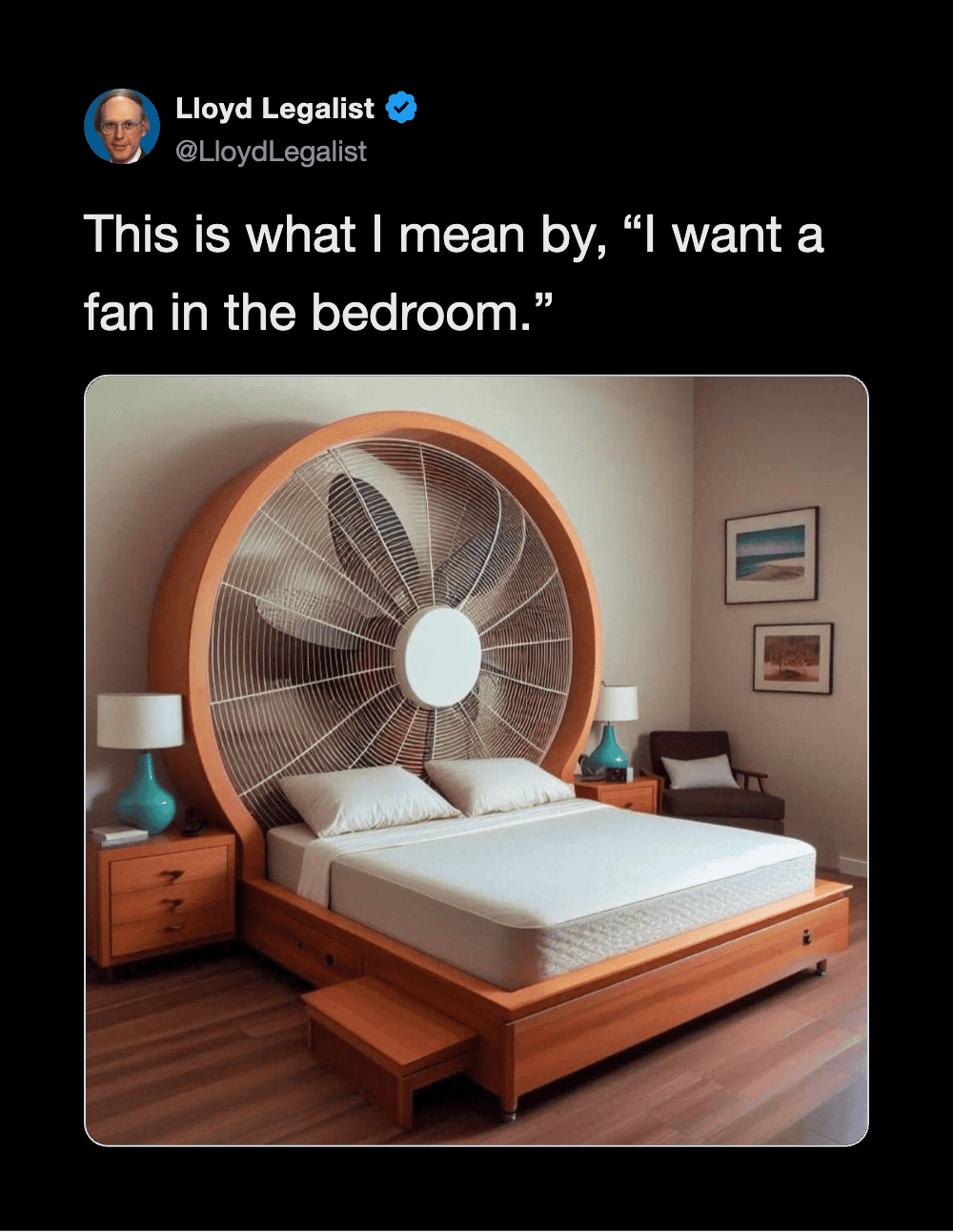 Fan in bedroom with bed and nightstands, humorous tweet about wanting a fan in the bedroom.
