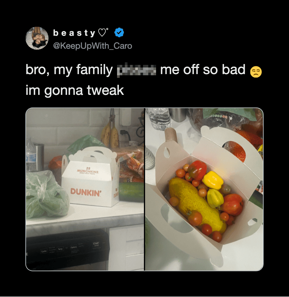 Tweet about family and food, with images of a grocery bag and a box of fruit.