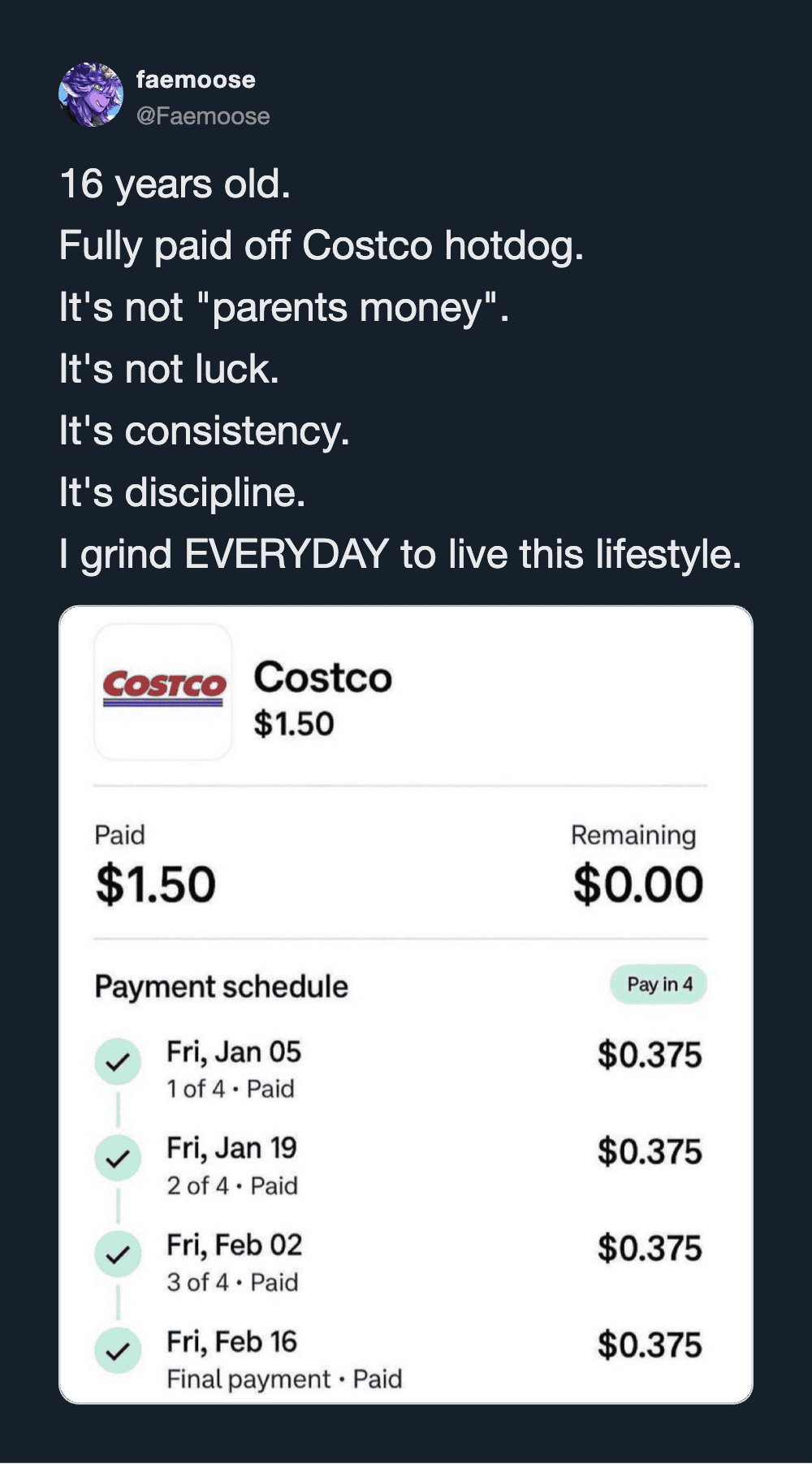 Costco hotdog and payment details with a motivational message about discipline.