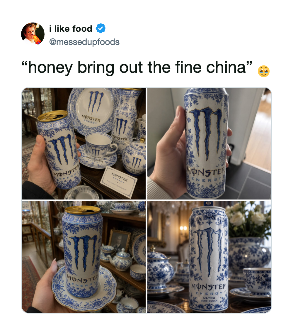 Photos of blue and white china with Monster energy drink cans.