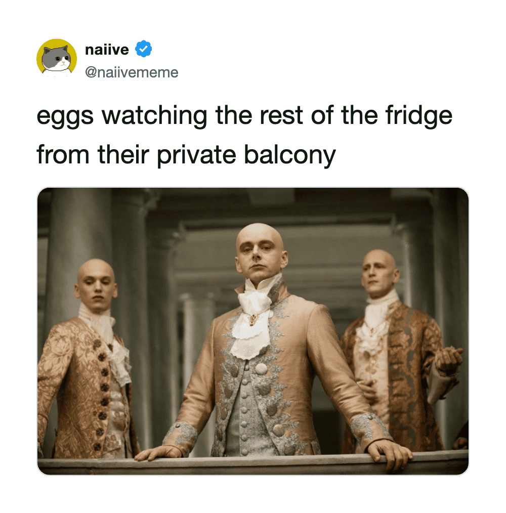 Eggs watching the rest of the fridge from their private balcony.