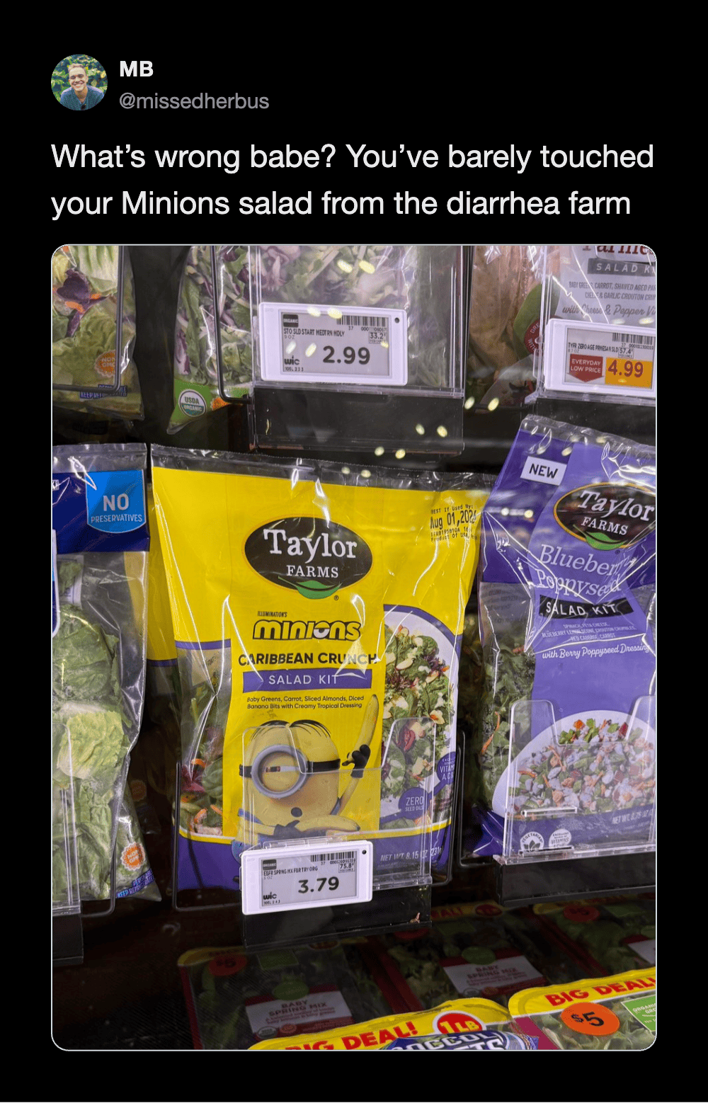 Taylor Farms Minions Caribbean Crunch Salad Kit on store shelf with price tags.