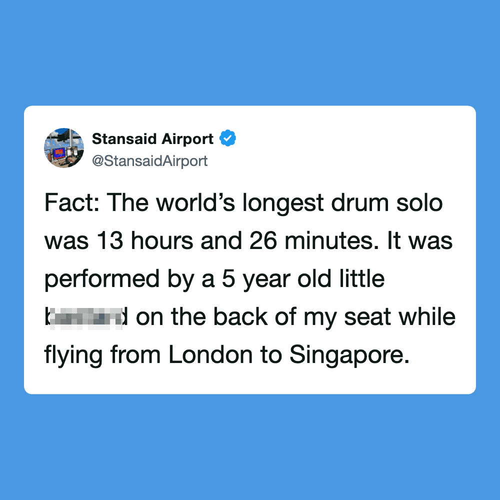 Tweet from Stansaiairport about world's longest drum solo by a 5-year-old on a flight from London to.