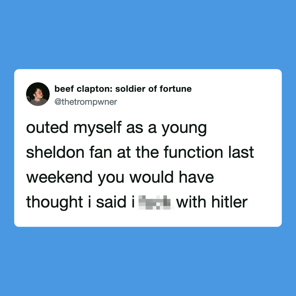 Screenshot of a tweet by beef clapton about a young Sheldon fan and Hitler.
