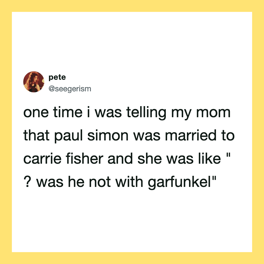 Tweet about Paul Simon, Carrie Fisher, and Garfunkel with a yellow border.