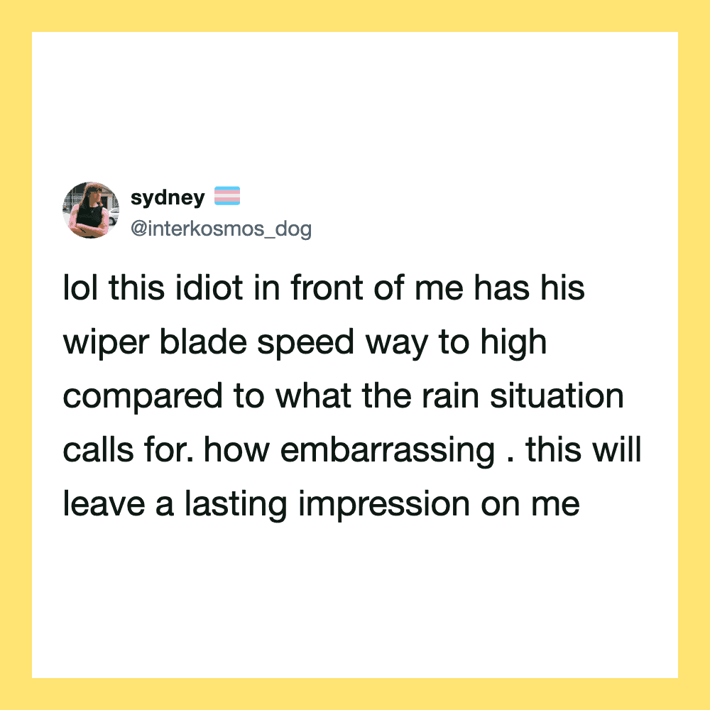 Twitter post about a driver with high wiper blade speed during rain.