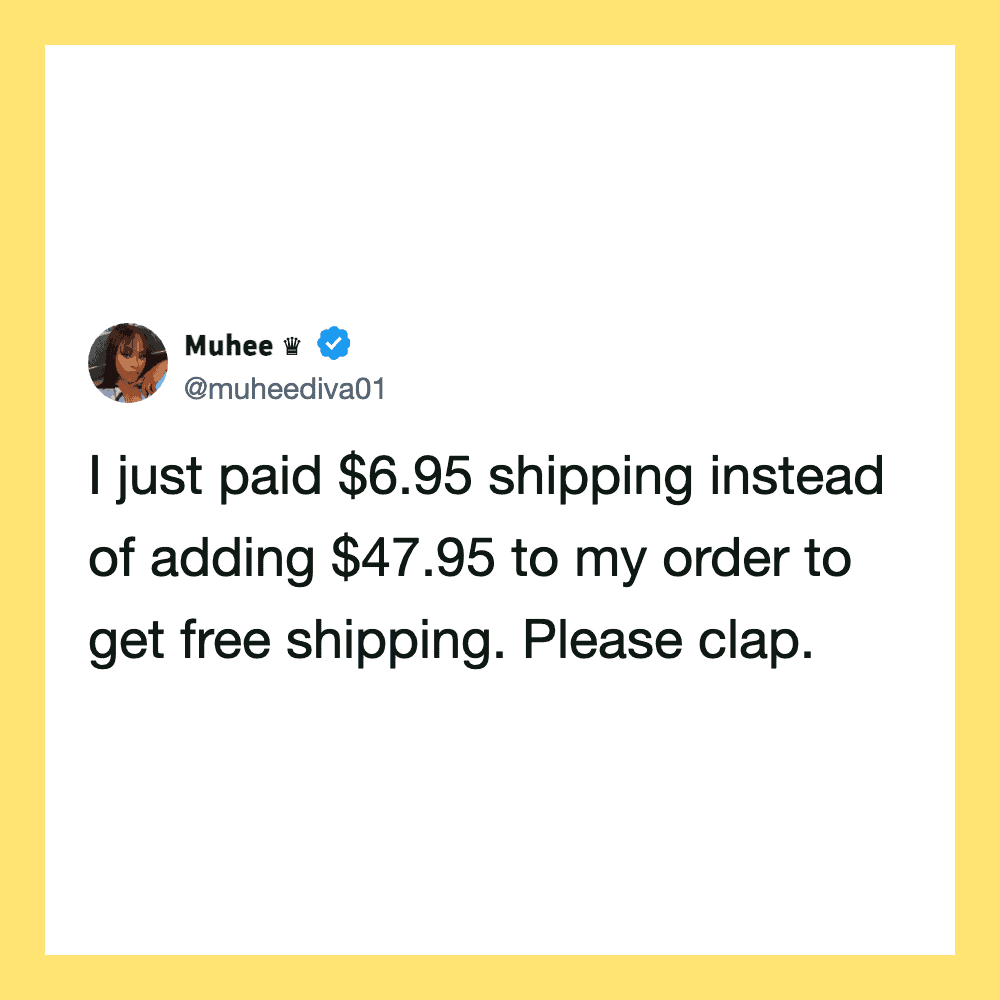 Tweet by Muhee about paying $6.95 for shipping instead of $47.95 for free shipping.