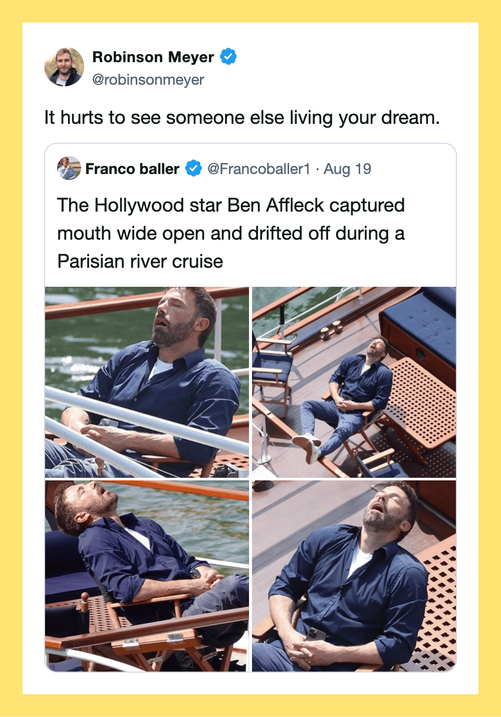 Ben Affleck on a Paris river cruise, captured with mouth open and relaxed.