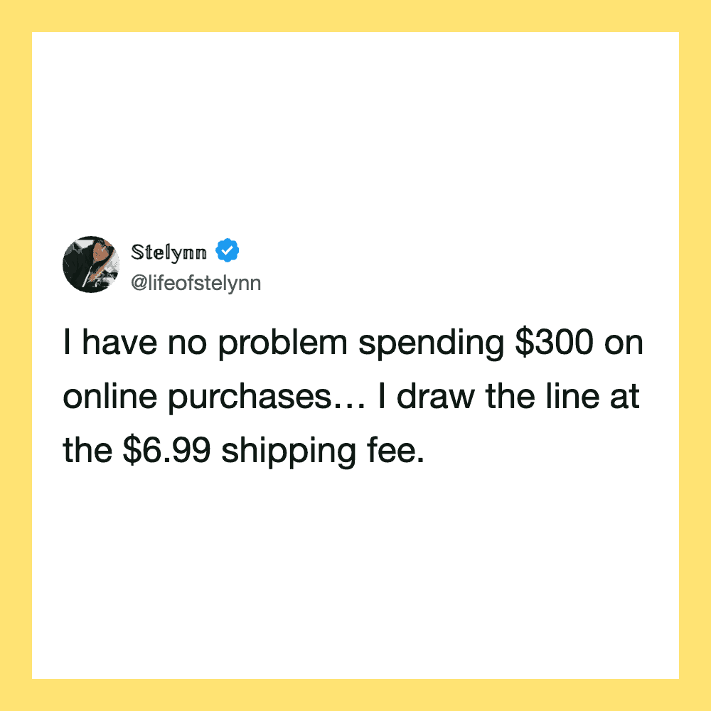 Tweet by @lifeofstelynn about online shopping and shipping fee.