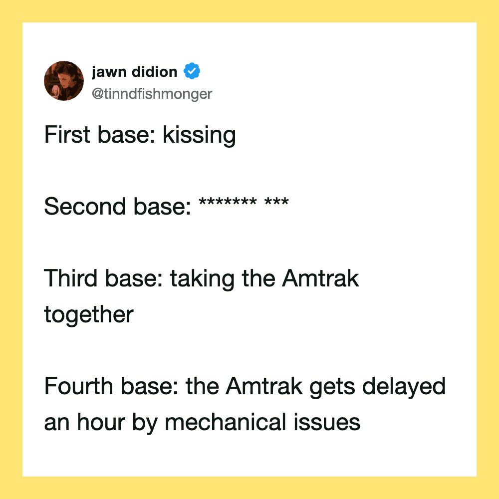Tweet about bases in baseball with humorous commentary on Amtrak delays.