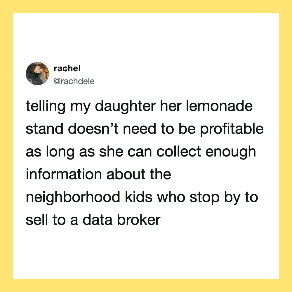 Tweet about daughter collecting neighborhood data for lemonade stand.