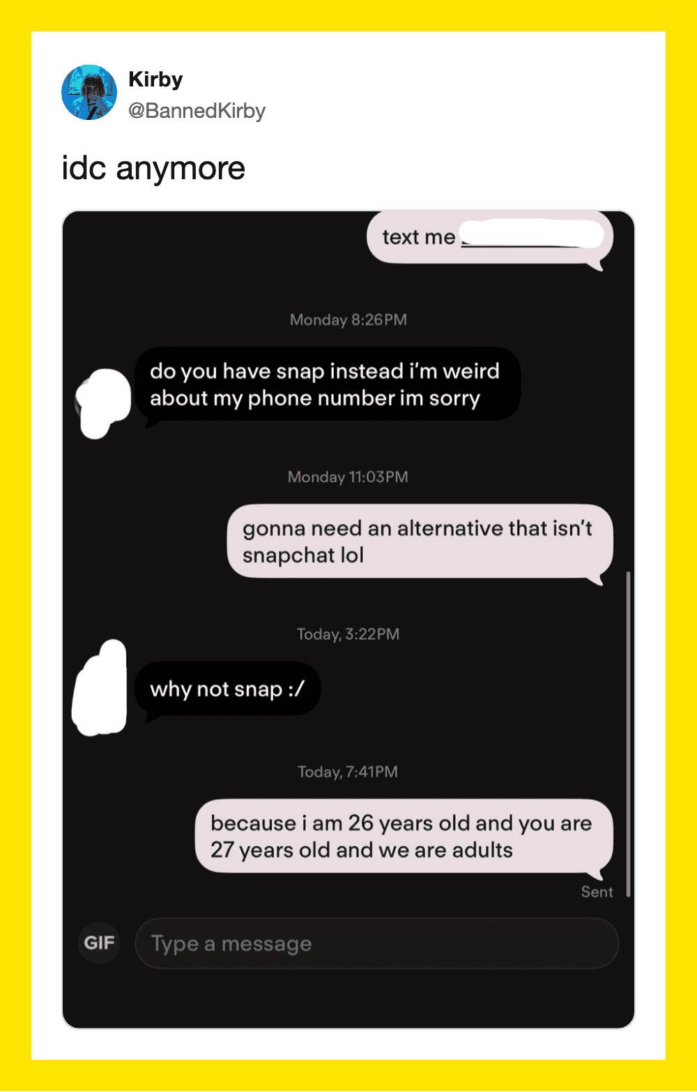 Screenshot of a text conversation about replacing Snapchat with a different app.