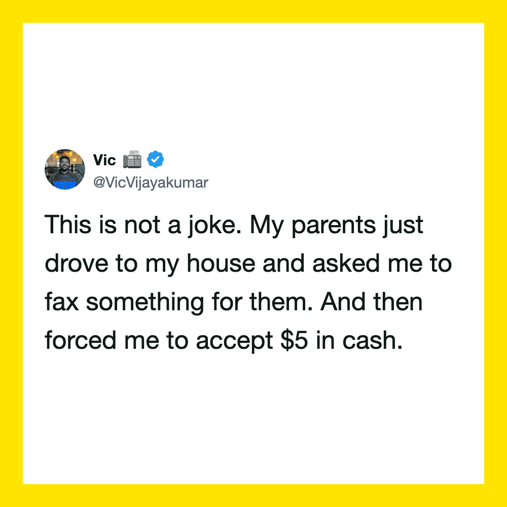 Twitter post by Vic about parents asking for a fax and giving $5 cash.
