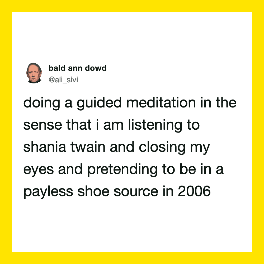 Twitter post by @ali_sivi about guided meditation and listening to Shania Twain.