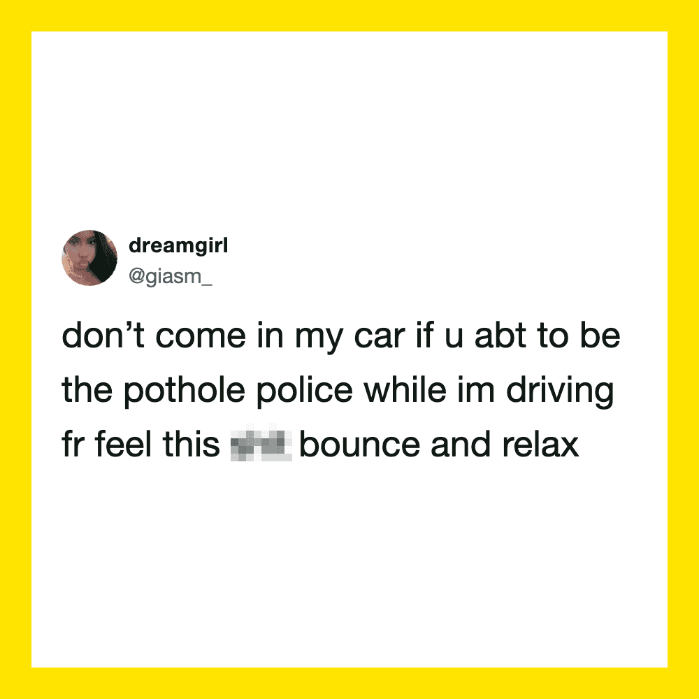 Tweet by dreamgirl about not coming in her car if you want to be the pothole police.