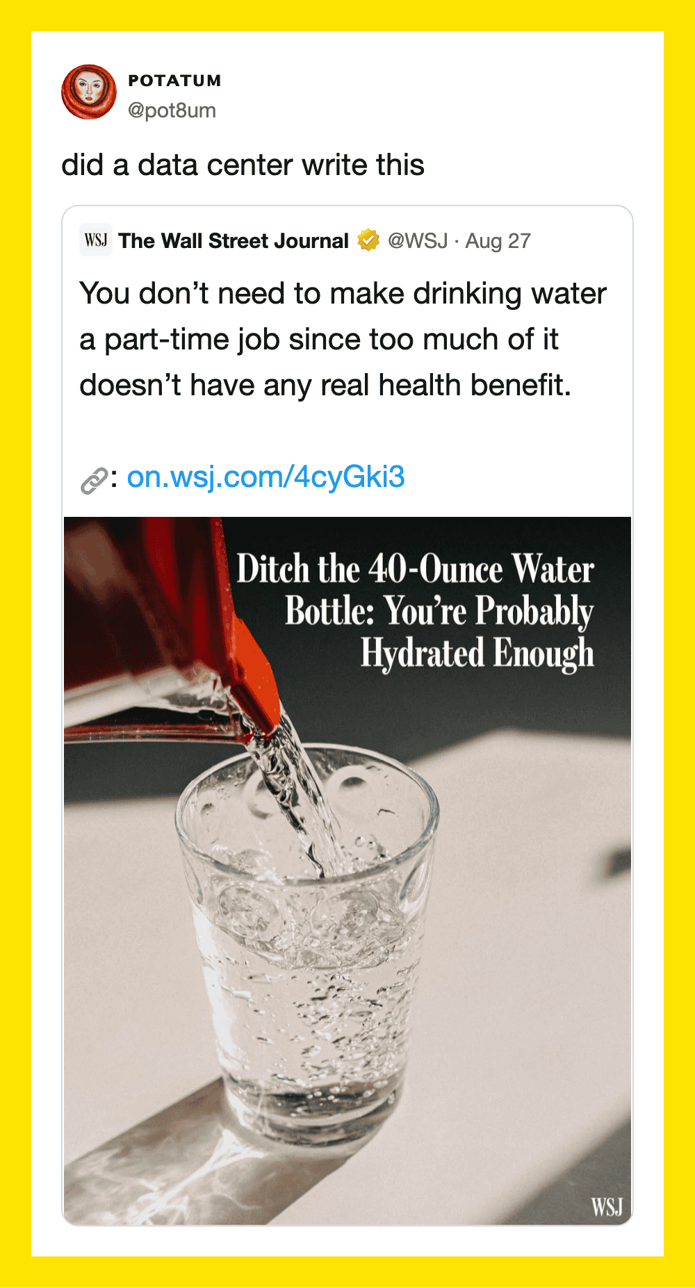 A glass of water being poured from a red water bottle with a caption about hydration.