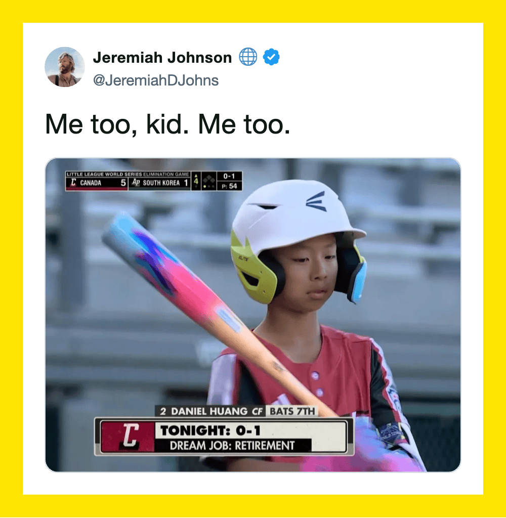 Jeremiah Johnson's tweet with a baseball player kid wearing a helmet and holding a bat.