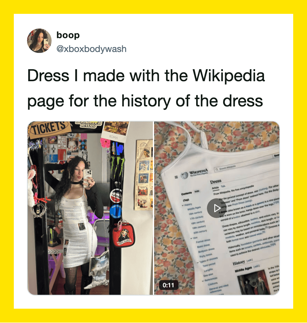 Dress made with Wikipedia page for the history of the dress, shown in a mirror selfie and a printed,.