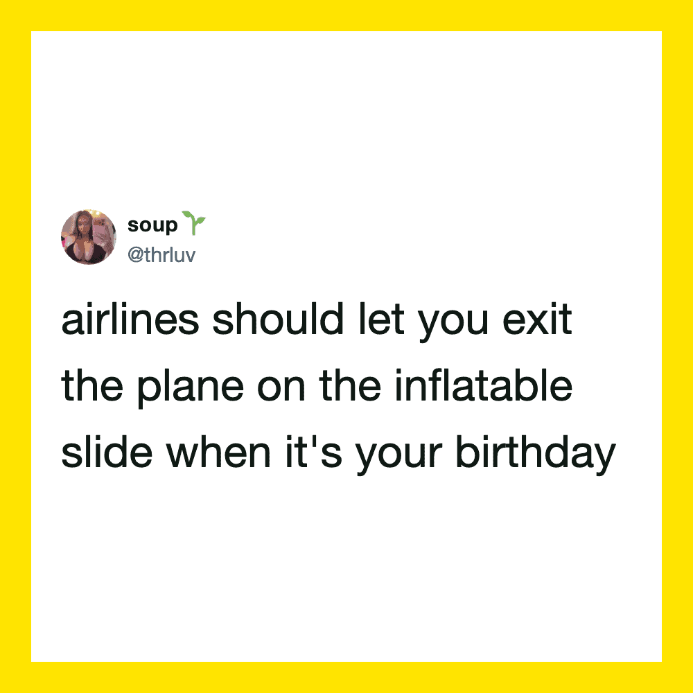 Twitter post by @thrluv about airlines and birthday inflatables.