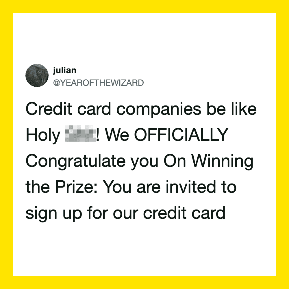 Twitter post by julian about credit card companies congratulating winners.
