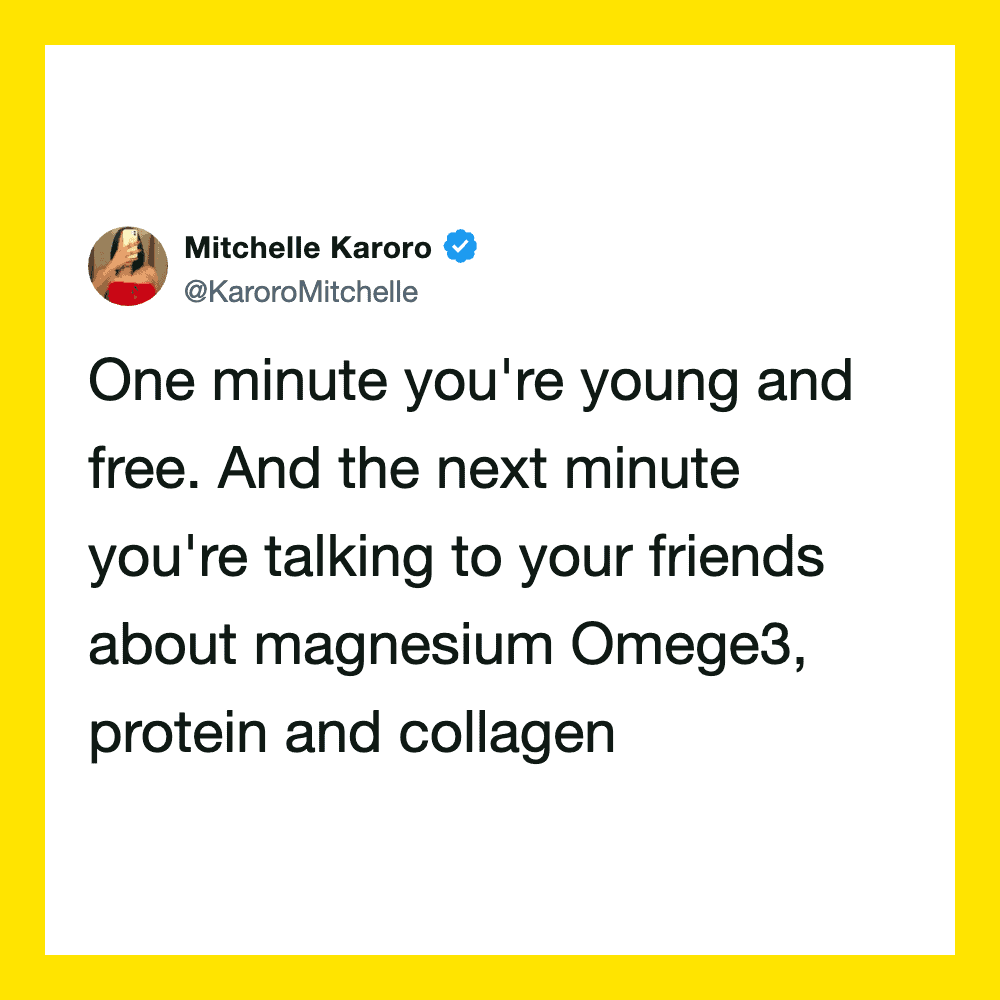 Screenshot of a tweet by Mitchelle Karoro about youth, magnesium Omega3, protein, and collagen.
