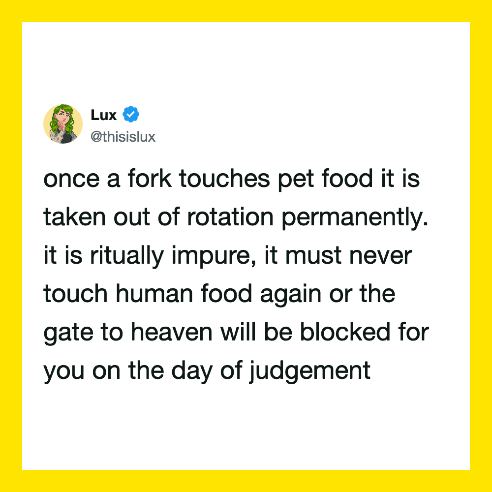 Lux's tweet about pet food and human food, with a yellow border.