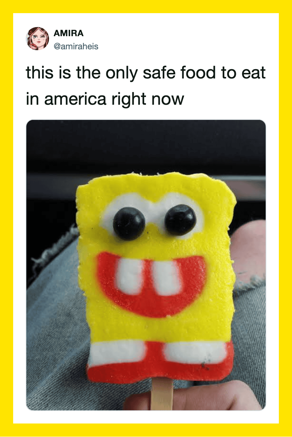 SpongeBob-shaped yellow popsicle with big eyes and a wide smile.