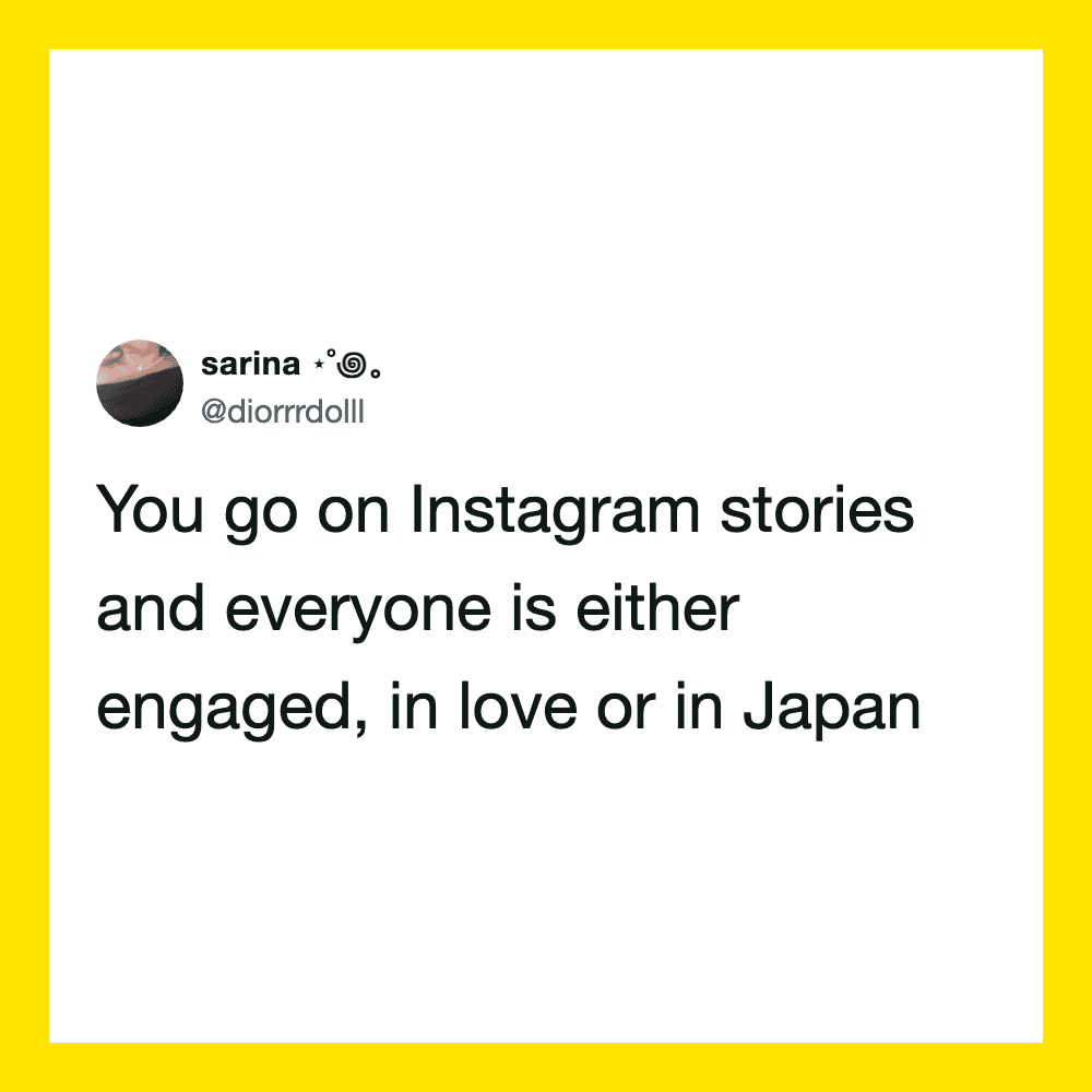 Twitter post by sarina about Instagram stories and Japan.