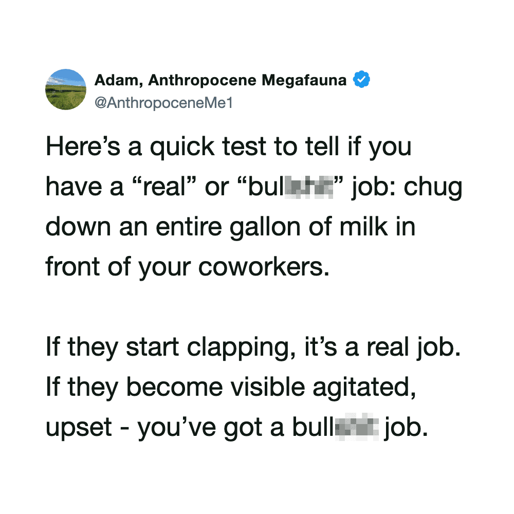 Twitter post by Adam, Anthropocene Megafauna about a milk chugging test at work.