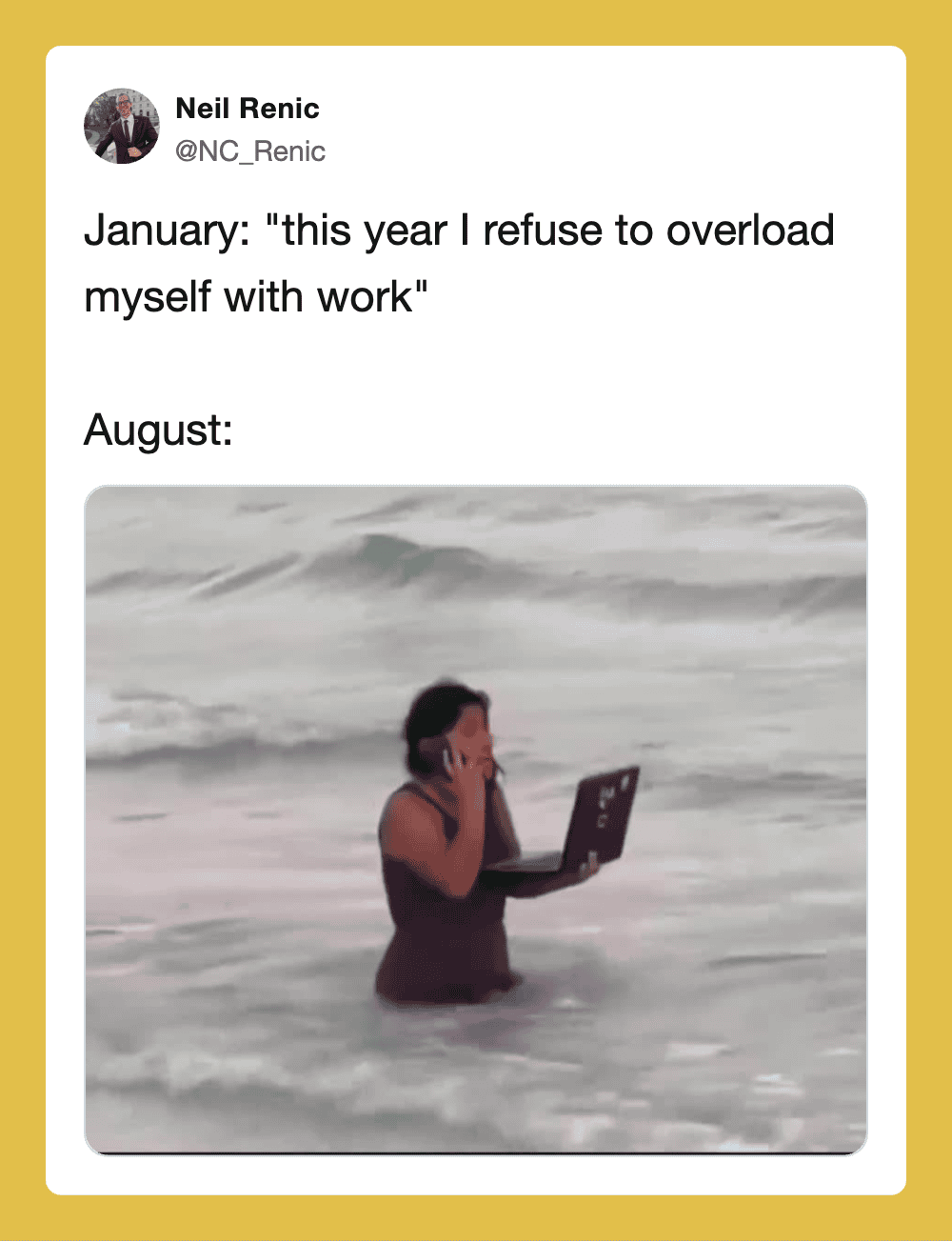 Person standing in water with a laptop, covering face, August.