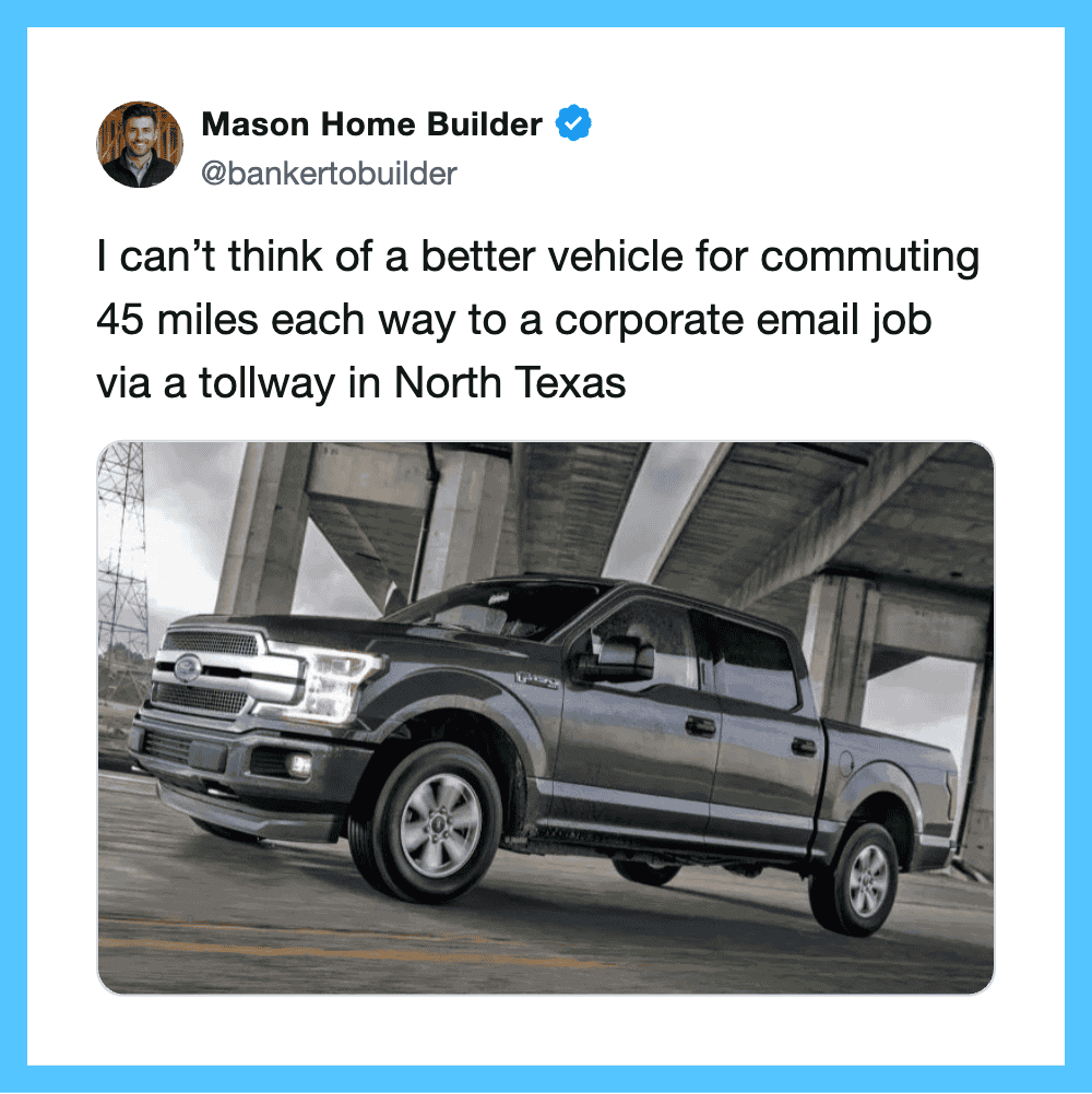 A pickup truck under a highway bridge with a humorous tweet about commuting.